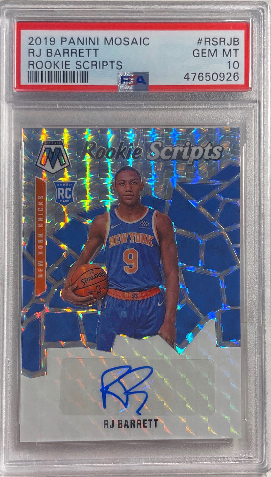 RJ BARRETT 2019 PANINI MOSAIC SCRIPTS AUTO PRIZM RC PSA 10 GEM MINT POP 22