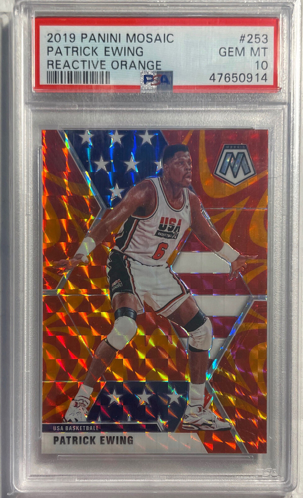 PATRICK EWING 2019 MOSAIC REACTIVE ORANGE USA PRIZM #253 PSA 10 GEM MINT POP 10
