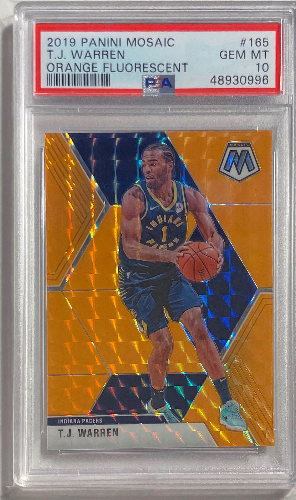 T.J WARREN 2019 MOSAIC ORANGE FLUORESCENT PRIZM #D 06/25 PSA 10 GEM MINT POP 2