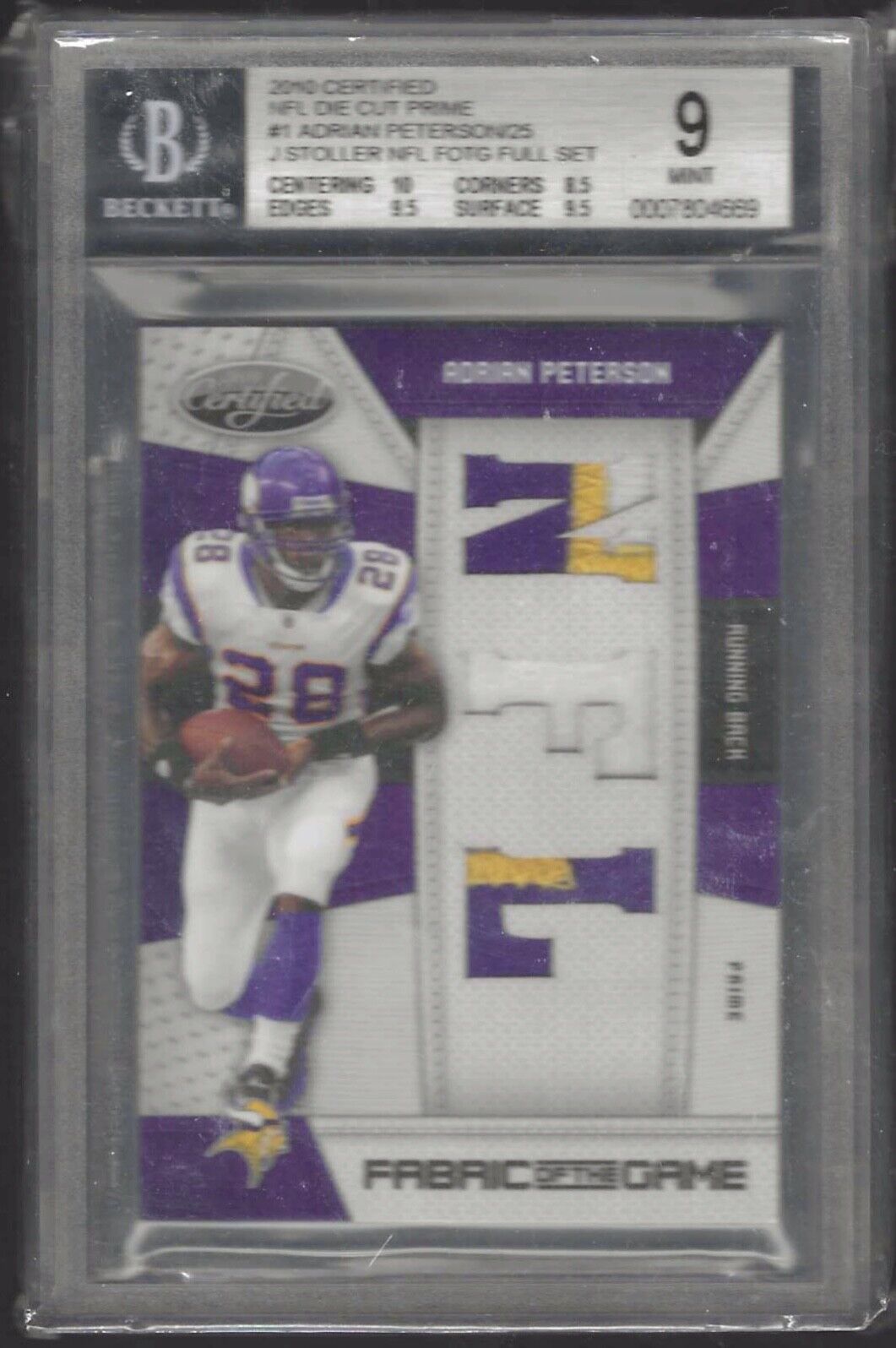 ADRIAN PETERSON 2010 CERTIFIED FABRIC OF THE GAME DIE CUT PATCH /25 BGS 9 POP 2