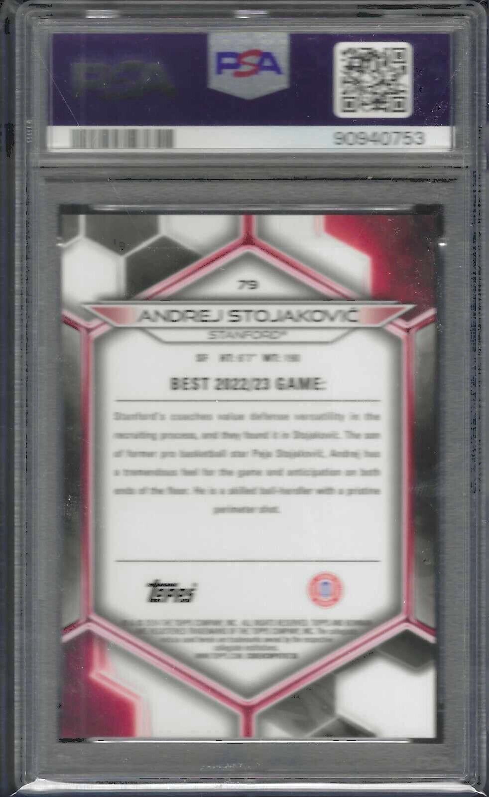 ANDREJ STOJAKOVIC 2023 BOWMAN U BEST YELLOW REFRACTOR /75 PSA 9 MINT POP 1/1