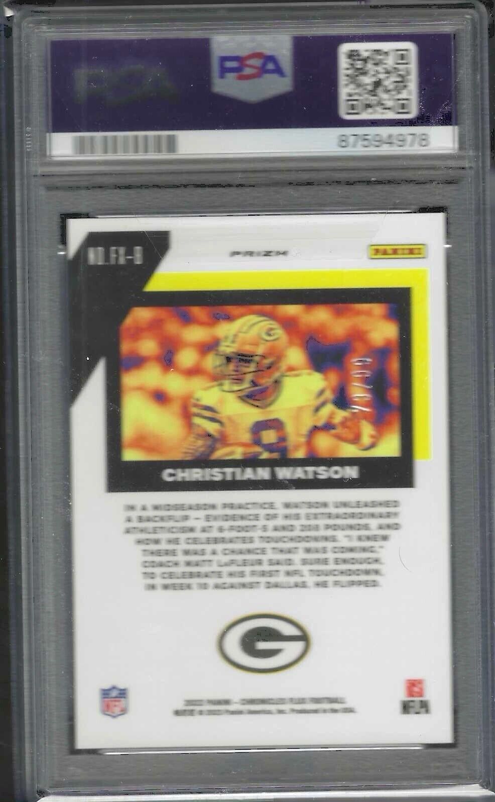 CHRISTIAN WATSON 2022 PANINI CHRONICLES FLUX RED PRIZM RC /99 PSA 10 GEM POP 4