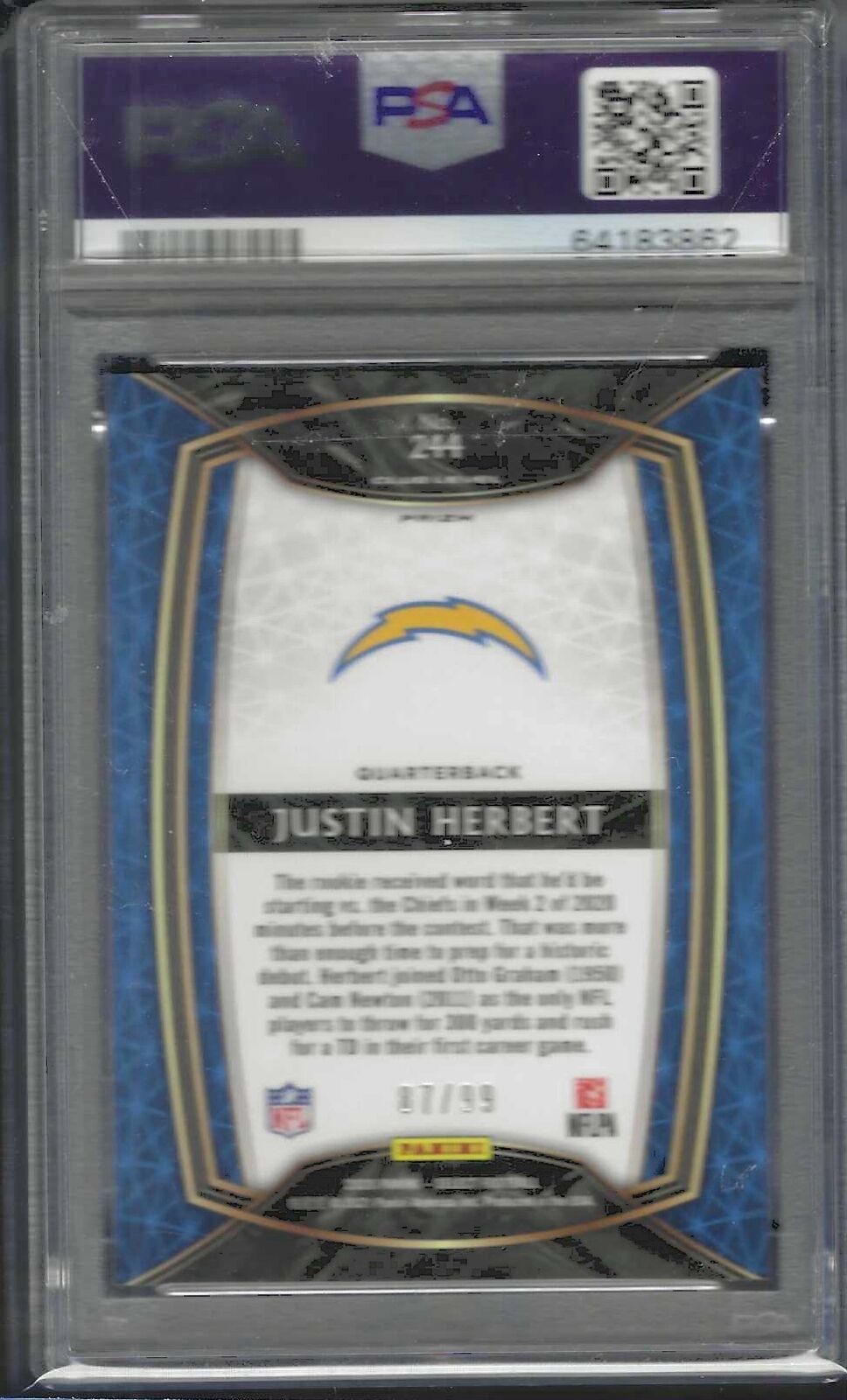 JUSTIN HERBERT 2020 PANINI SELECT TRI-COLOR CLUB LEVEL PRIZM RC /99 PSA 9 MINT