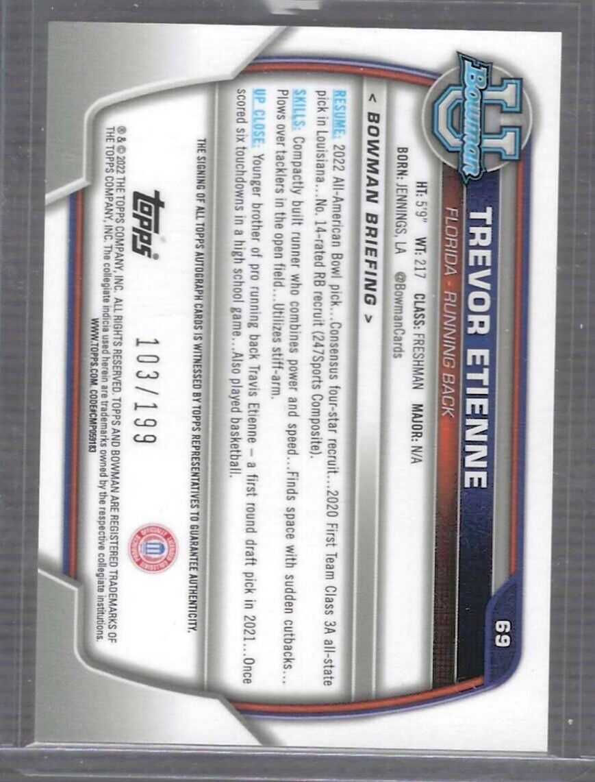 TREVOR ETIENNE 2022 BOWMAN CHROME UNIVERSITY WAVE REFRACTOR 1ST AUTO #D 103/199