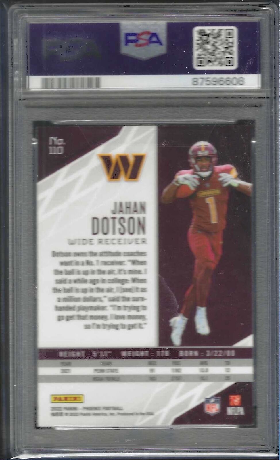 JAHAN DOTSON 2022 PANINI PHOENIX WHITE SHIMMER ROOKIE SSP RC PSA 10 GEM POP 1/1