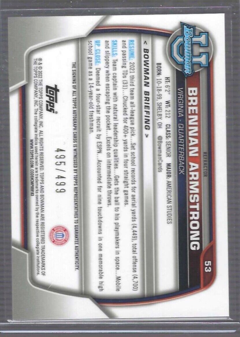 BRENNAN ARMSTRONG 2022 BOWMAN UNIVERSITY CHROME REFRACTOR 1ST AUTO #D 495/499