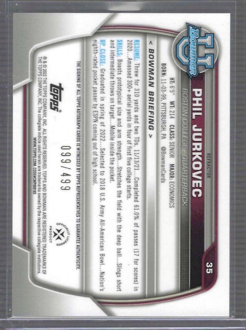 PHIL JURKOVEC 2022 BOWMAN UNIVERSITY CHROME REFRACTOR 1ST AUTO #D 099/499