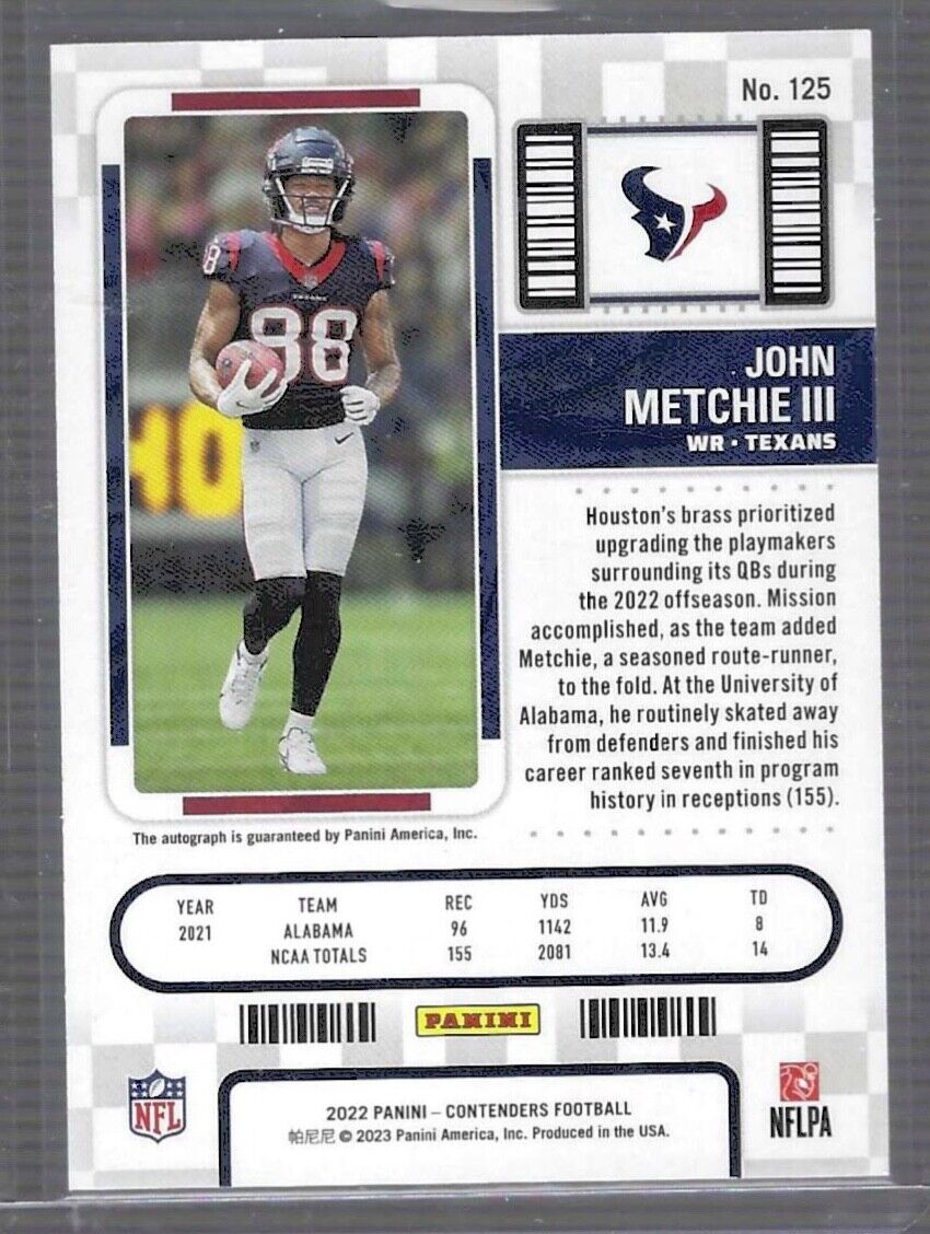 JOHN METCHIE III 2022 PANINI CONTENDERS ROOKIE TICKET ON CARD AUTO RC #125