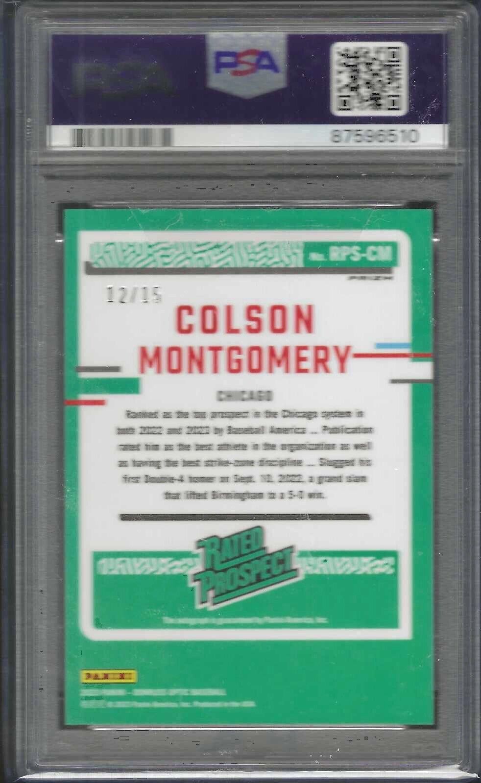 COLSON MONTGOMERY 2023 DONRUSS OPTIC GREEN STARS PROSPECT AUTO /15 PSA 10 POP 1