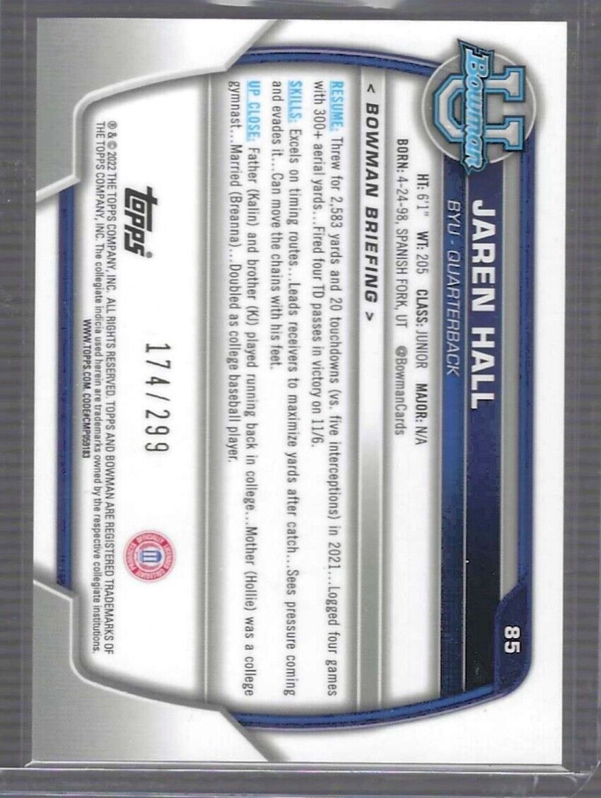 JAREN HALL 2022 BOWMAN CHROME UNIVERSITY AQUA WAVE REFRACTOR 1ST #D 174/299