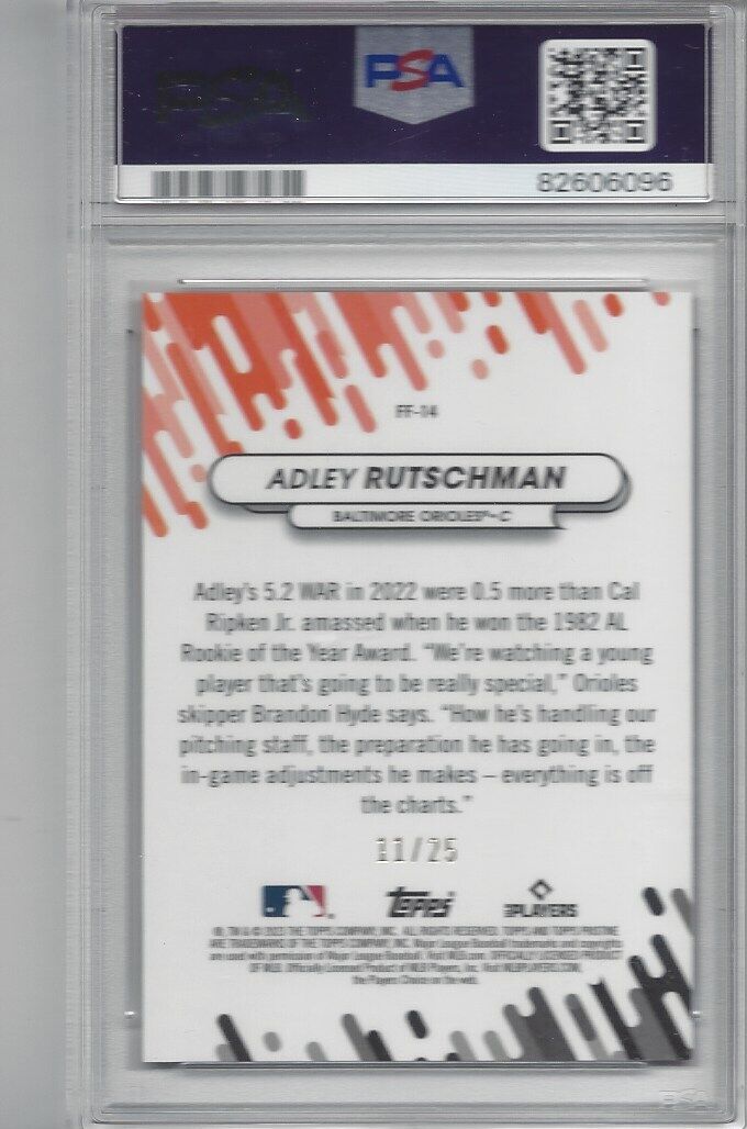 ADLEY RUTSCHMAN 2023 TOPPS PRISTINE FRESH FACES ORANGE REFRACTOR RC #D /25 PSA 9
