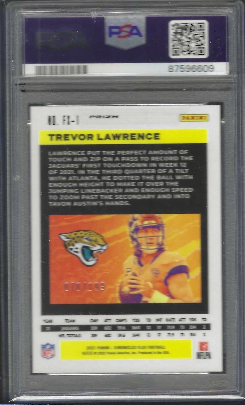 TREVOR LAWRENCE 2021 PANINI CHRONICLES PURPLE PRIZM RC #D 70/199 PSA 10 GEM MINT
