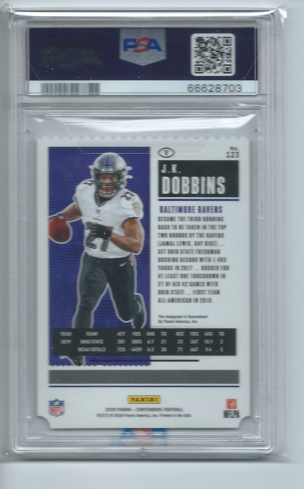 JK DOBBINS 2020 CONTENDERS ROOKIE TICKET STUB DIE CUT AUTO RC /27 PSA 9 POP 1/1
