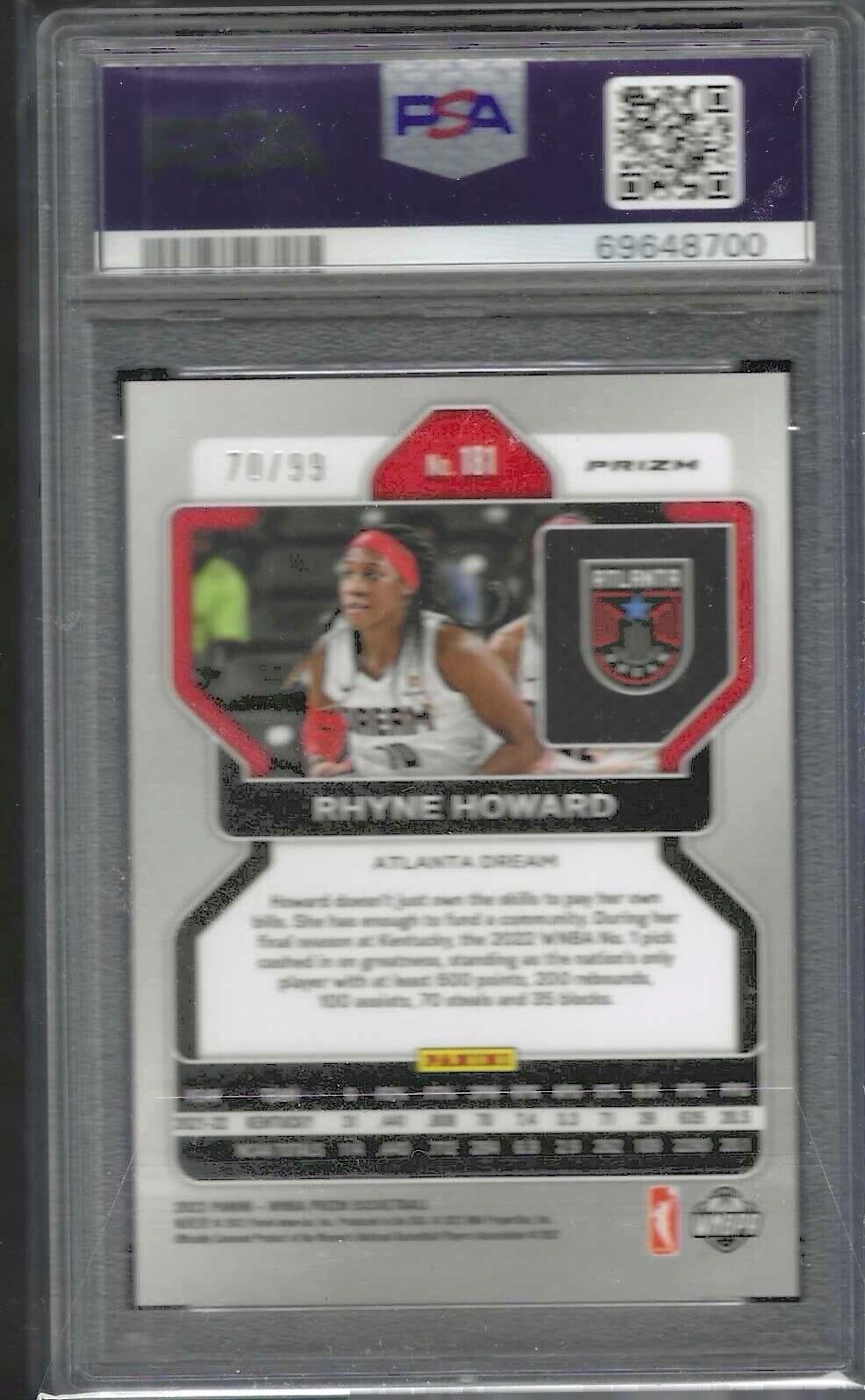 RHYNE HOWARD 2022 PANINI PRIZM WNBA PURPLE PRIZM ROOKIE RC /99 PSA 9 MINT POP 10