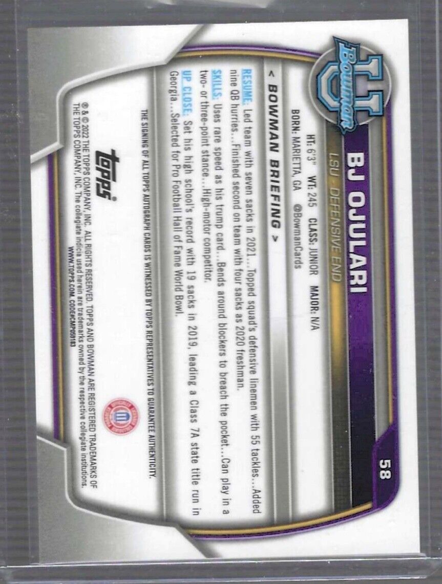 BJ OJULARI 2022 BOWMAN UNIVERSITY CHROME 1ST PROSPECT AUTO #58
