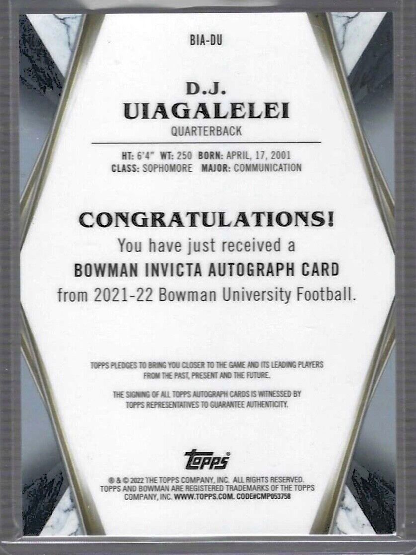 DJ UIAGALELEI 2021 BOWMAN CHROME UNIVERSITY INVICTA REFRACTOR AUTO #D 87/99