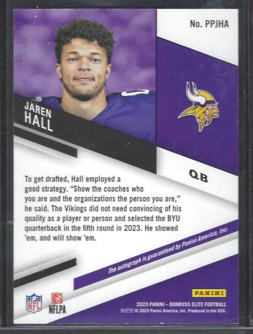JAREN HALL 2023 PANINI DONRUSS ELITE PEN PALS ROOKIE ON CARD AUTO RC #PPJHA