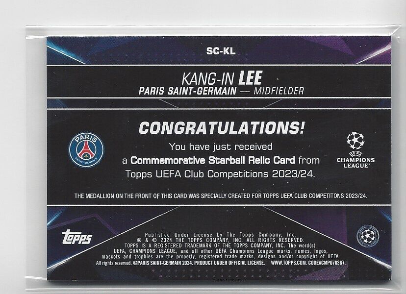 KANG-IN LEE 2023-24 TOPPS CLUB COMPETITIONS UCL STARBALL RELIC PATCH