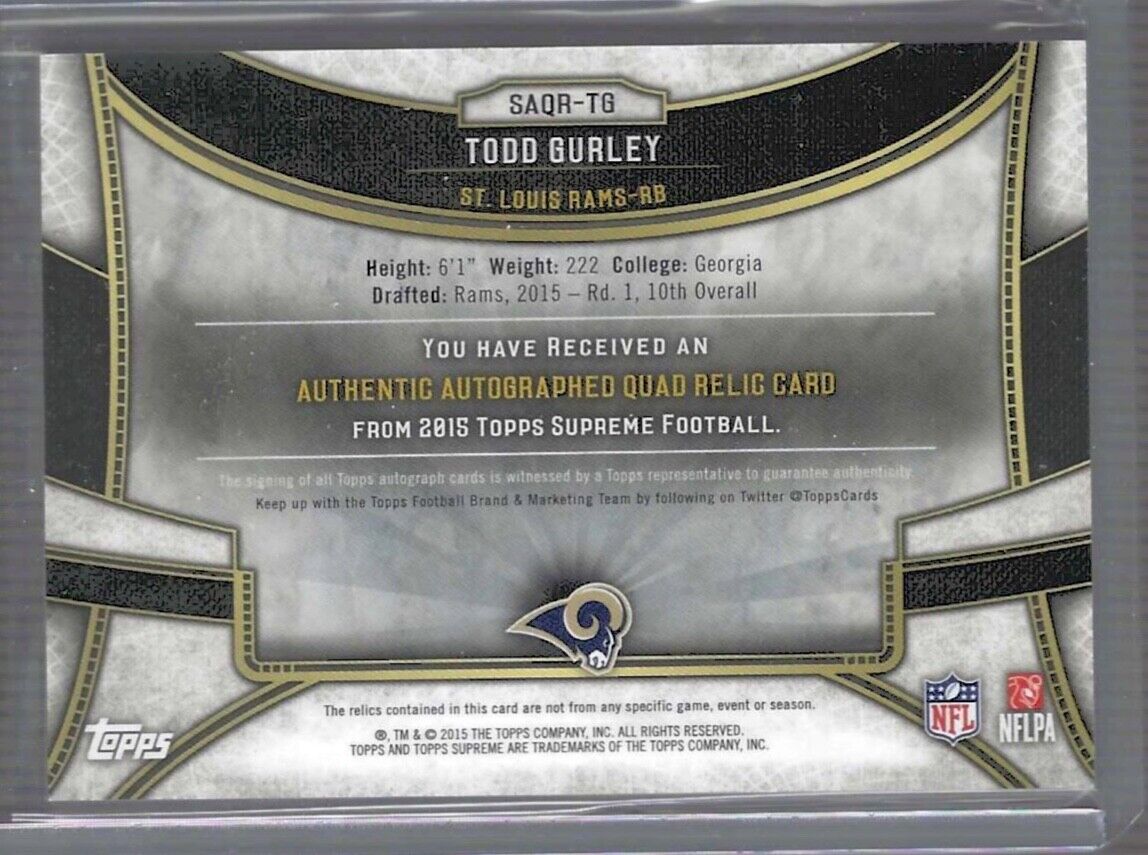TODD GURLEY 2015 TOPPS SUPREME GREEN ROOKIE QUAD PATCH AUTO RC #D 2/5