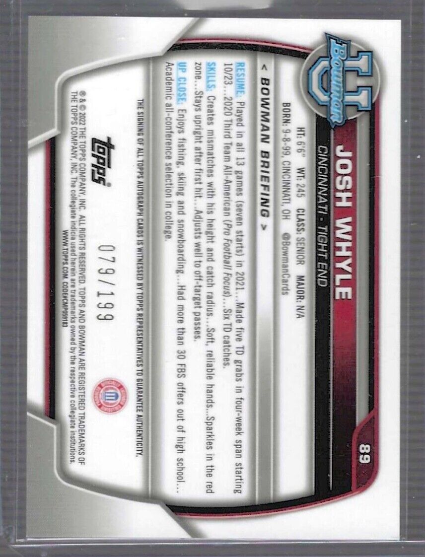 JOSH WHYLE 2022 BOWMAN CHROME UNIVERSITY SILVER WAVE REFRACTOR 1ST AUTO #D /199