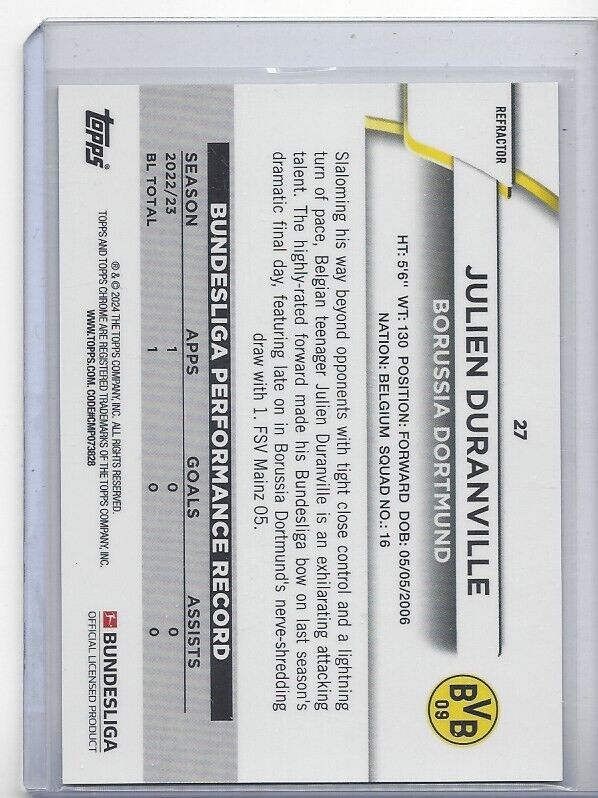 JULIEN DURANVILLE 2023-24 TOPPS CHROME BUNDESLIGA MAGENTA REFRACTOR RC #D /399