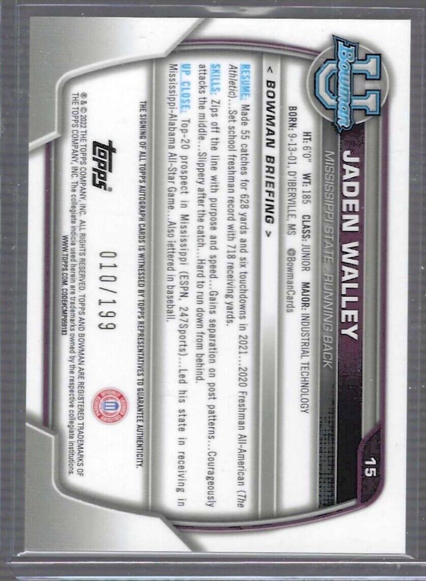 JADEN WALLEY 2022 BOWMAN UNIVERSITY CHROME WAVE REFRACTOR 1ST AUTO #D 010/199