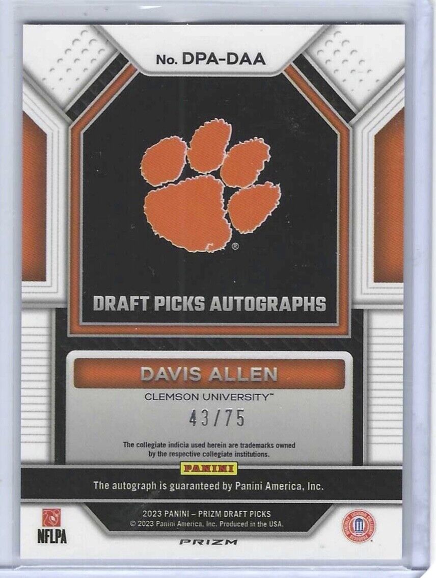 DAVIS ALLEN 2023 PANINI PRIZM DP BLUE CRACKED ICE PRIZM ROOKIE AUTO RC #D 43/75