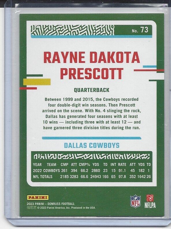 DAK "RAYNE DAKOTA" PRESCOTT 2023 PANINI DONRUSS FULL NAME SSP SHORT PRINT #73