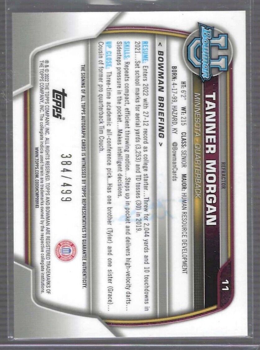 TANNER MORGAN 2022 BOWMAN UNIVERSITY CHROME REFRACTOR 1ST AUTO #D 384/499