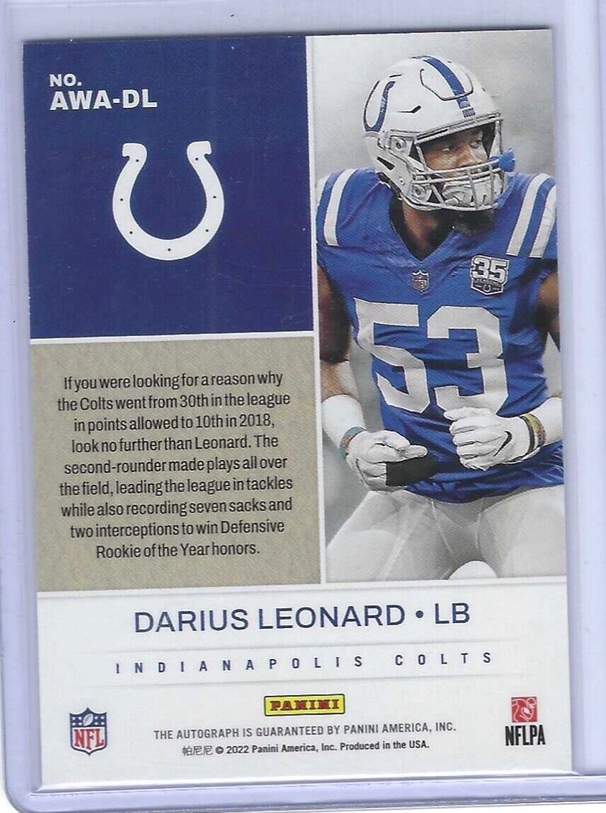 DARIUS LEONARD 2022 PANINI AWARD WINNERS 2018 DEFENSIVE ROTY ON CARD AUTO AWA-DL