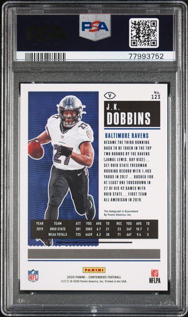 JK DOBBINS 2020 CONTENDERS ROOKIE TICKET ON CARD AUTO VARIATION RC #123 PSA 10