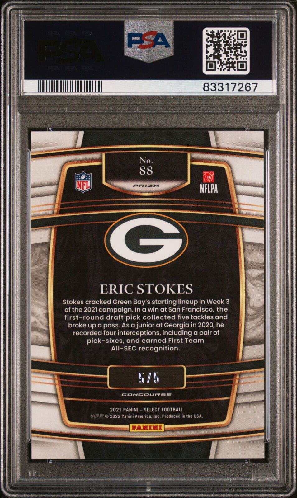 ERIC STOKES 2021 PANINI SELECT GREEN DISCO PRIZM RC #D 5/5 PSA 10 GEM POP 1/1