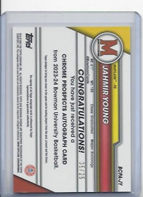 JAHMIR YOUNG 2023-24 BOWMAN CHROME UNIV 1ST ORANGE SHIMMER REFRACTOR AUTO #D /25