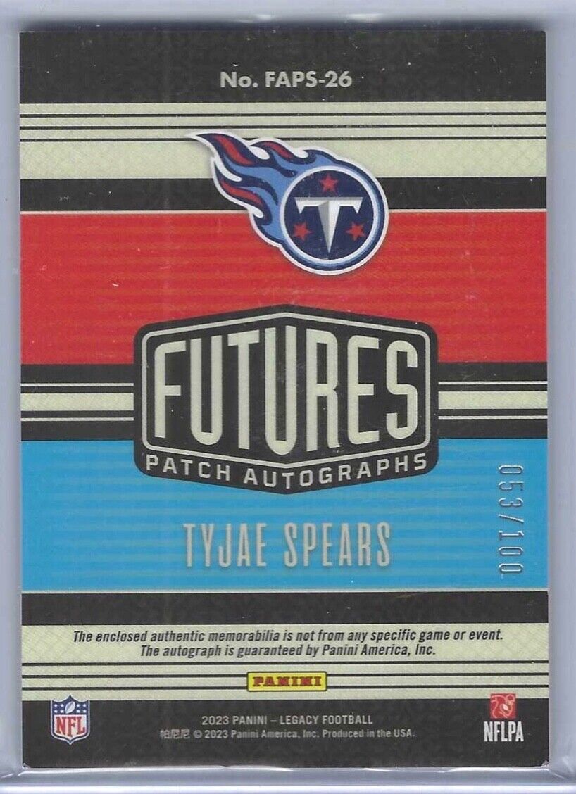 TYJAE SPEARS 2023 PANINI LEGACY FUTURES RED RPA ROOKIE PATCH AUTO RC #D 053/100