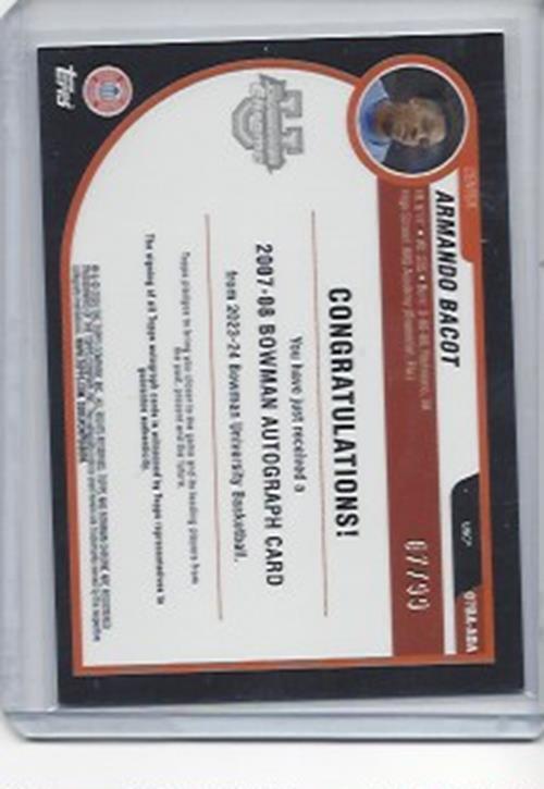 ARMANDO BACOT 2023-24 BOWMAN CHROME UNIVERSITY 2007-08 RETRO AUTO #D 7/99
