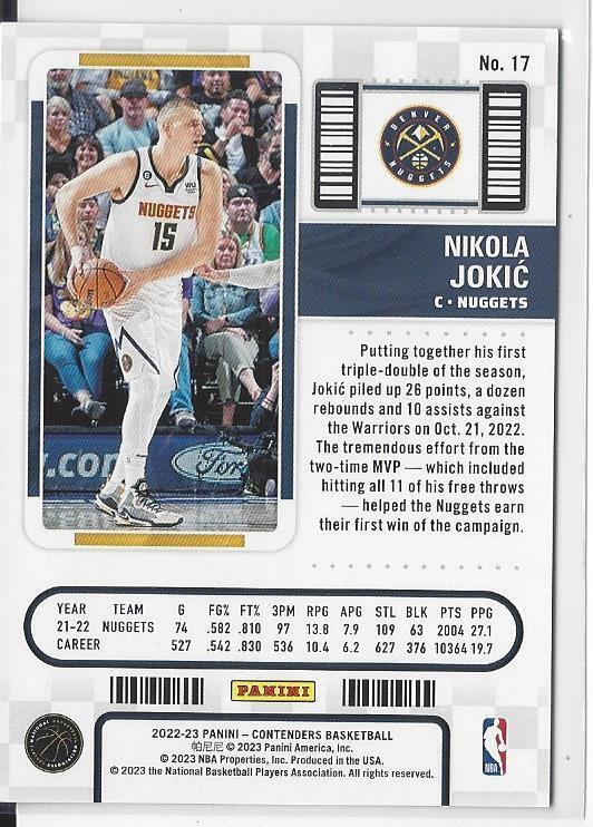 NIKOLA JOKIC 2022-23 PANINI CONTENDERS SEMIFINALS TICKET #D 29/99