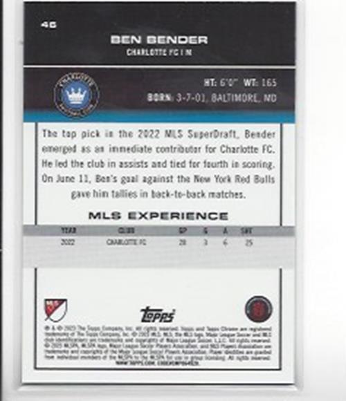 BEN BENDER 2023 TOPPS CHROME MLS BLUE MINI DIAMOND ROOKIE REFRACTOR RC #D /199