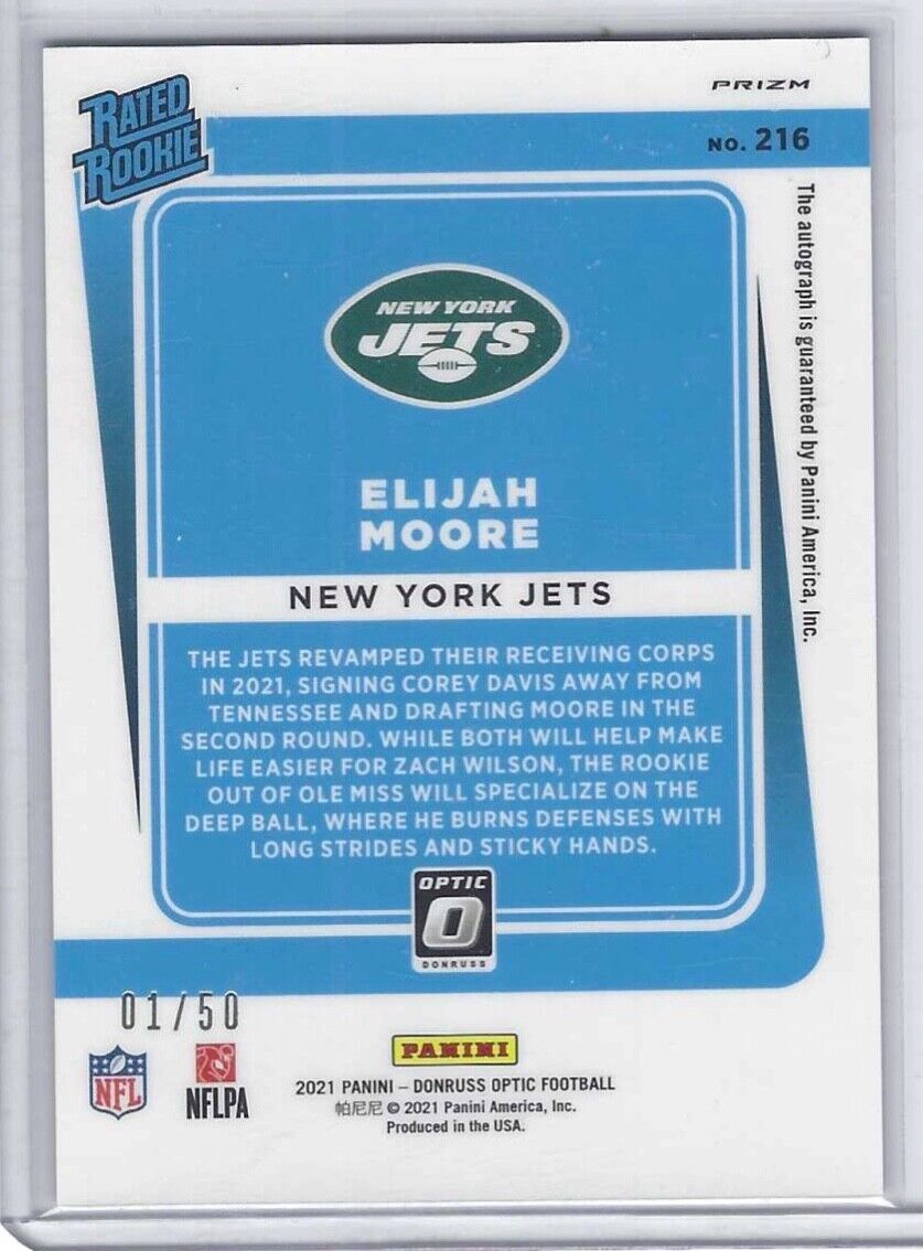 ELIJAH MOORE 2021 PANINI DONRUSS OPTIC PINK VELOCITY HOLO RATED AUTO RC #D 01/50