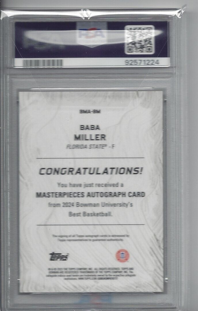 BABA MILLER 2023-24 BOWMANS BEST MASTERPIECES ORANGE GEO AUTO /25 PSA 10 POP 1/1