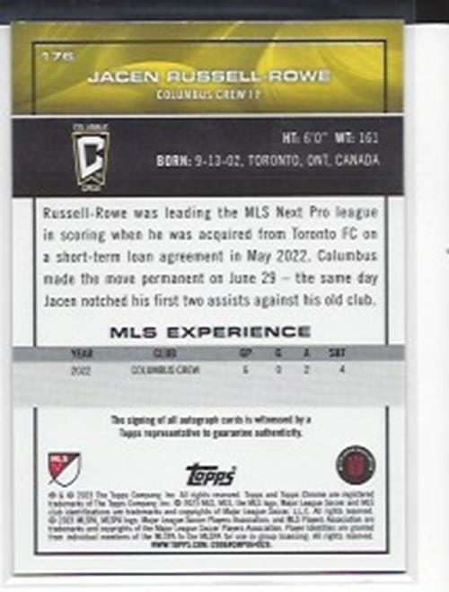JACEN RUSSELL-ROWE 2023 TOPPS CHROME MLS ORANGE REFRACTOR ROOKIE AUTO RC #D /25