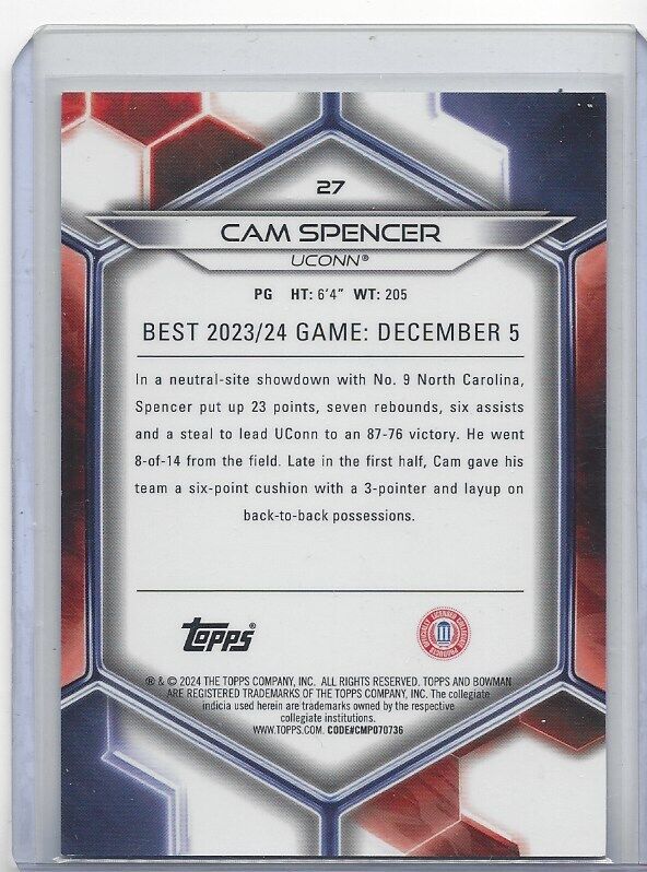 CAM SPENCER 2023 BOWMAN'S BEST UNIVERSITY YELLOW REFRACTOR UCONN #D 48/75
