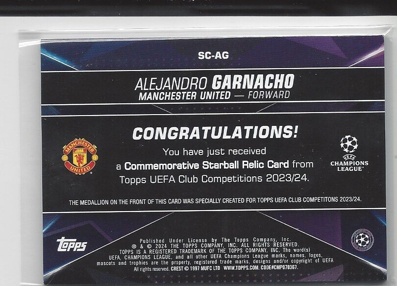 ALEJANDRO GARNACHO 2023-24 TOPPS CLUB COMPETITIONS UCL STARBALL RELIC PATCH