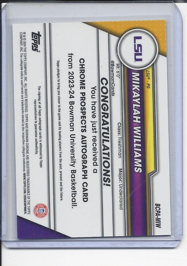 MIKAYLAH WILLIAMS 2023-24 BOWMAN CHROME UNIVERSITY 1ST LSU AUTO