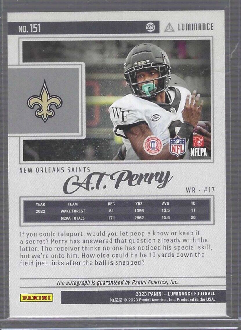 A.T. PERRY 2023 PANINI LUMINANCE SILVER FOIL ROOKIE AUTO RC #D 158/350