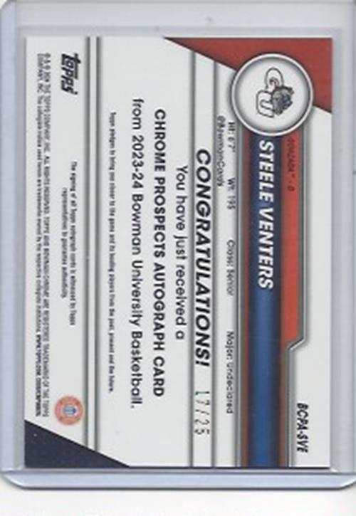 STEELE VENTERS 2023-24 BOWMAN CHROME UNIV 1ST ORANGE SHIMMER REFRACTOR AUTO /25