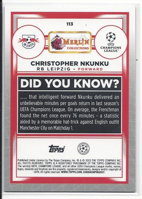CHRISTOPHER NKUNKU 2022-23 TOPPS MERLIN CHROME AQUA REFRACTOR #D 57/199