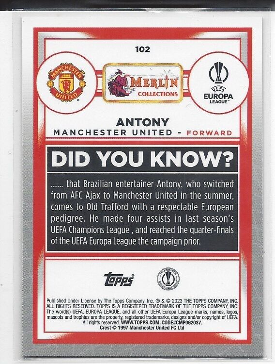 ANTONY 2022-23 TOPPS MERLIN CHROME VINTAGE SP REFRACTOR #102