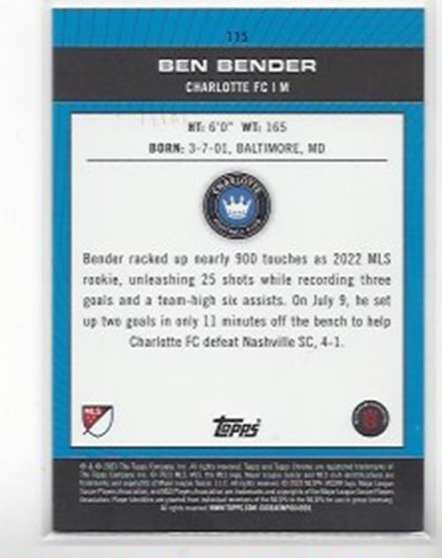 BEN BENDER 2023 TOPPS CHROME MLS PITCH PRODIGIES BLUE WAVE REFRACTOR RC #D /199
