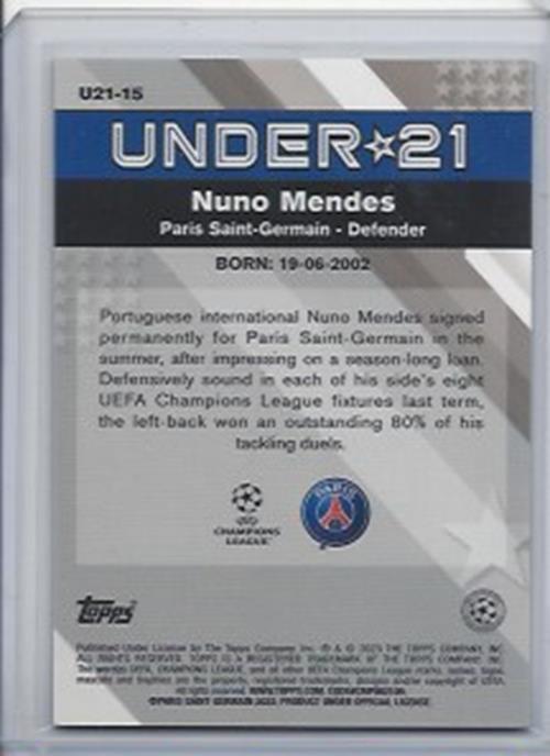 NUNO MENDES 2022-23 TOPPS MERLIN CHROME UNDER 21 U21 BLUE REFRACTOR #D 58/75
