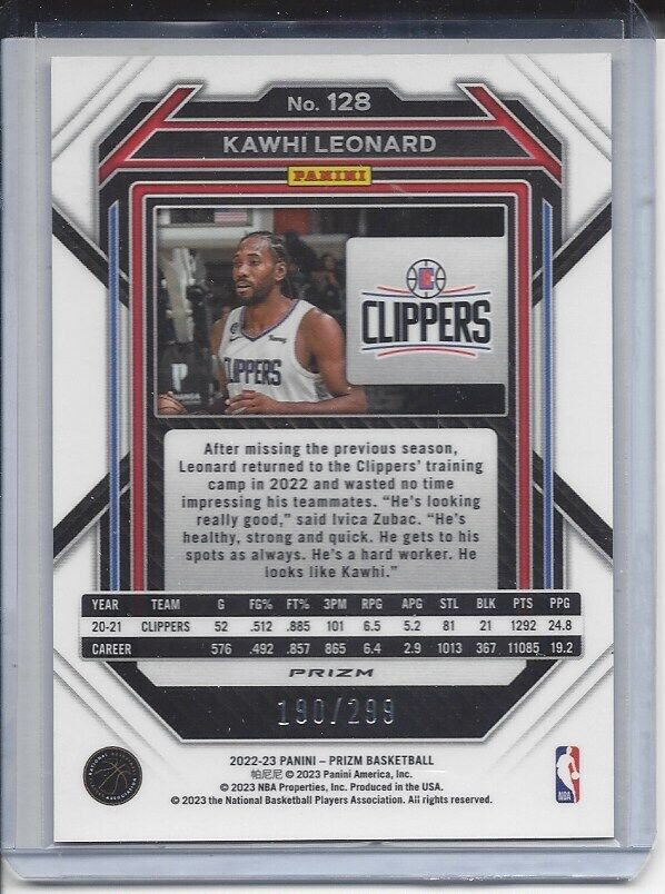 KAWHI LEONARD 2022-23 PANINI PRIZM RED PRIZMS #D 190/299